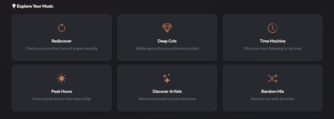 SpinStack Listening Insights — Rediscover, Deep Cuts, Time Machine, Peak Hours, Discover Artists, Random Mix
